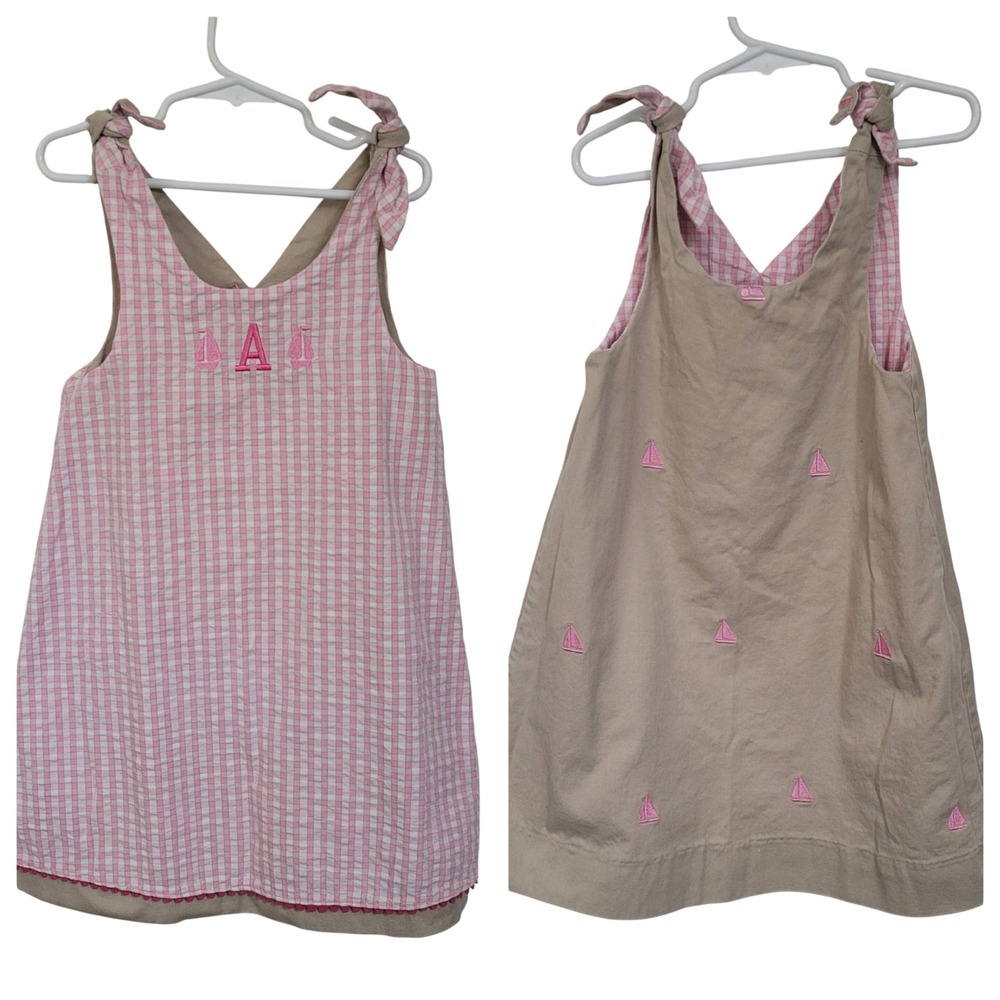 Just Ducky Reversible Dress Pink Gingham Tan Embroidered‎ Sailboats Sz 5 Mono A